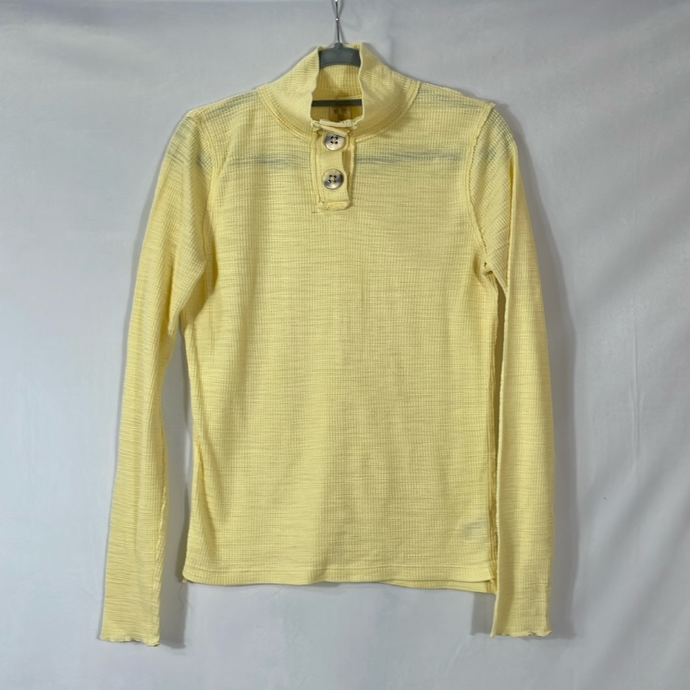 Free People Top Shirt Turtleneck M Yellow Waffle Weave  Thermal EUC